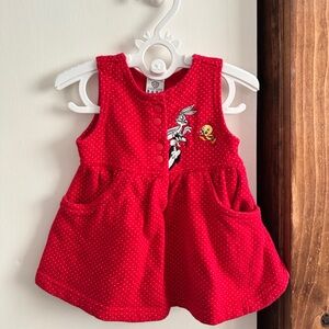 Vintage Warner Bros. Red baby dress Sz 6M Bunny Tweety Bird 100% Cotton 13” Leng